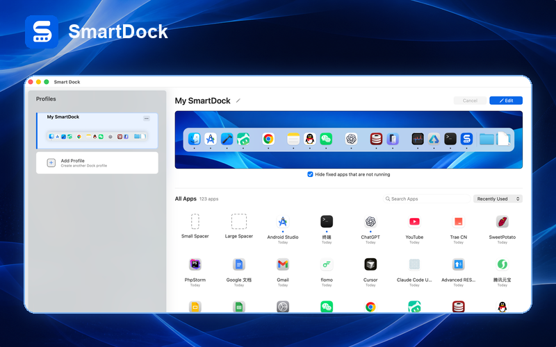 SmartDock using its real interface to manage and switch macOS Dock profiles